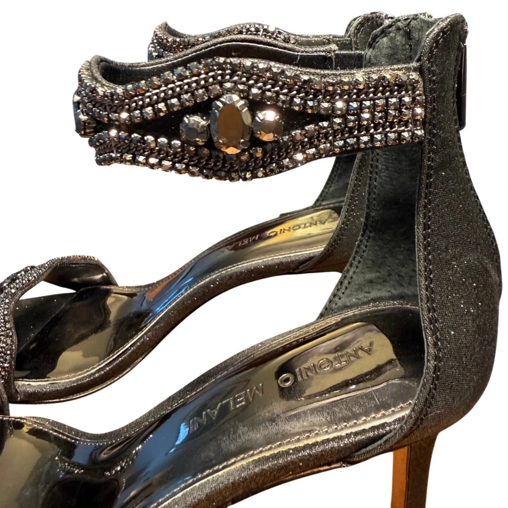 ANTONIO MELANI Women's 8 Black Rhinestone Heels Sparkle Zip Back Fancy Shoes